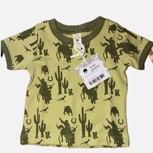 NWT Kate Quinn Short Sleeve Ringer Tee Olive Cowboy Print 6/12M